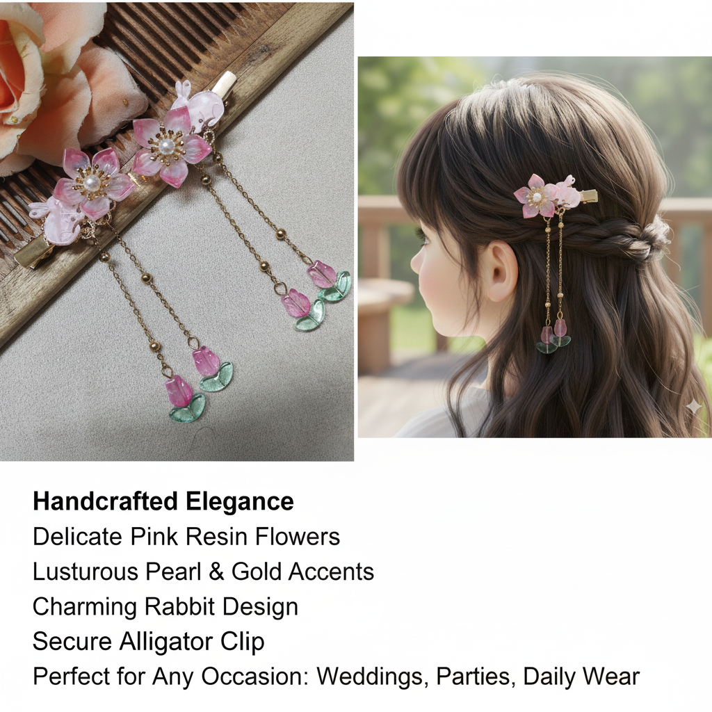 1 Pair Of Korean Flower Hair Clip with Pearl, Dangling Chain with Leaf Charms, Gold Tone, Floral Design For Kids And Girl