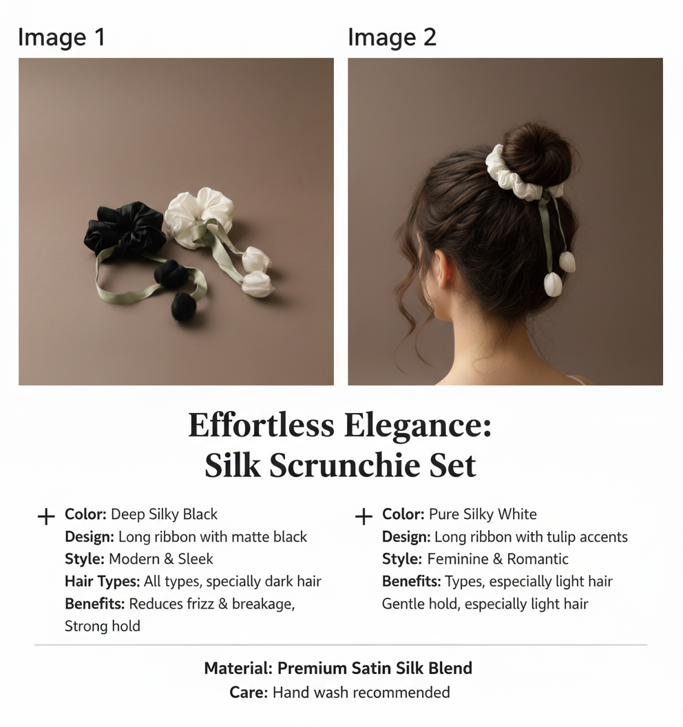 Tulip Hair Scrunchies with Floral Design Attachable Bowknot Ponytail Holder, Rubberband, Satin Fabric, Black and White, Pack of 2