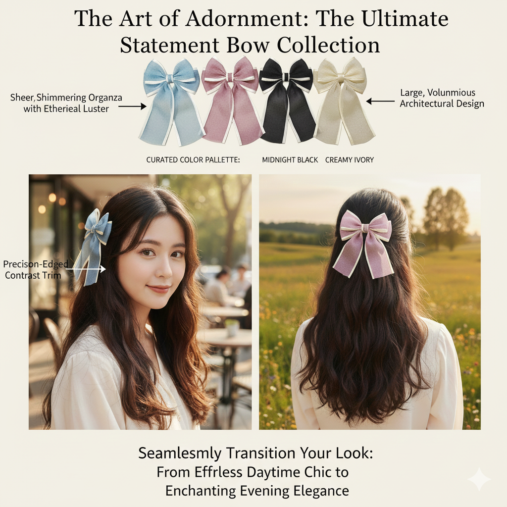 Sheer Sparkle Hair Bow Clip - Elegant Long Tail Ribbon Barrette for Women