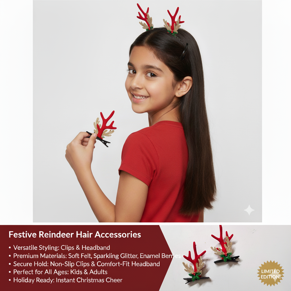 Christmas Reindeer Antler Hair Clips, Holiday Holly Berry Design, Festive Hair Accessories