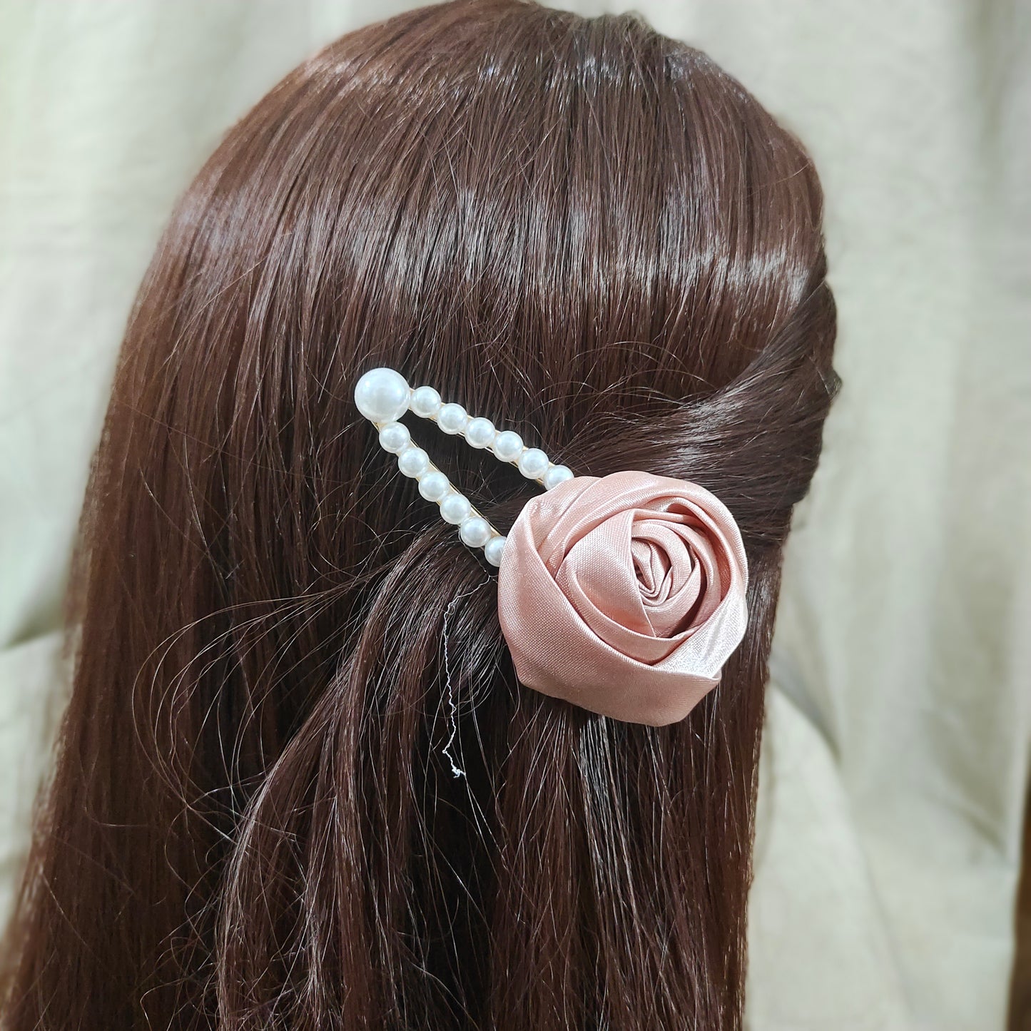Satin Rose Flower Hair Clip with Pearl Beaded Design, Strong Hold Alligator Clip, Pack of 1, Beige