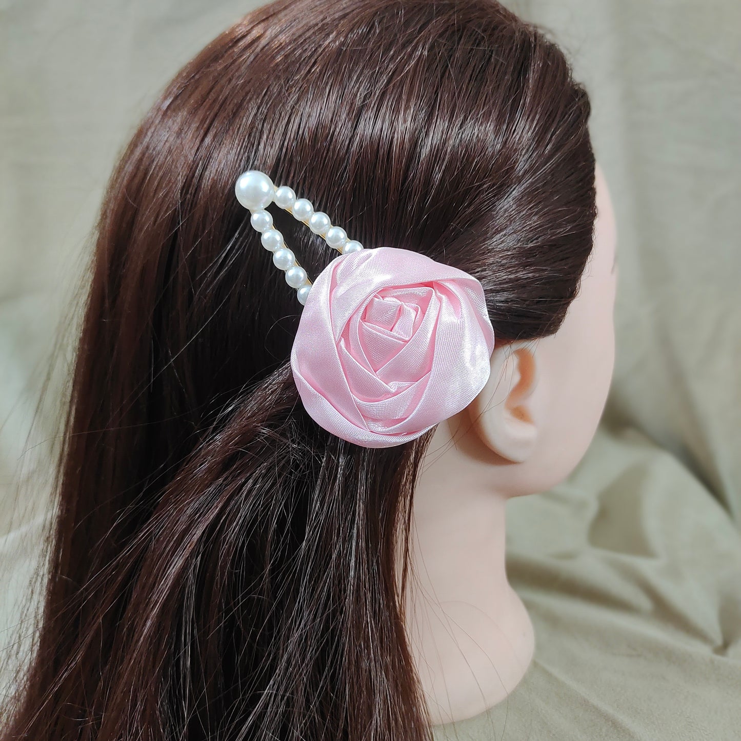 Satin Rose Flower Hair Clip with Pearl Beaded Design, Strong Hold Alligator Clip, Pack of 1 (Baby Pink)