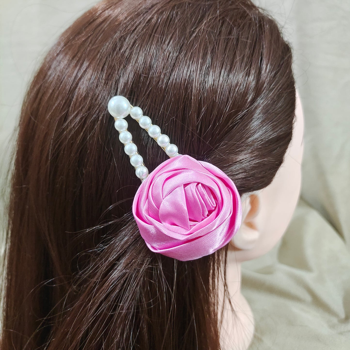 Satin Rose Flower Hair Clip with Pearl Beaded Design, Strong Hold Alligator Clip, Pack of 1, Pink
