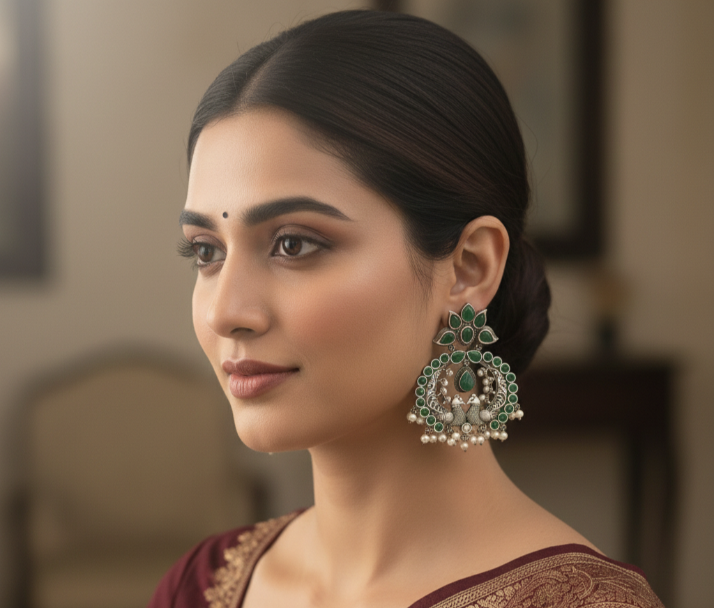 silver replica, German silver Brass Chand bali Peacock earrings for Women and girls Green
