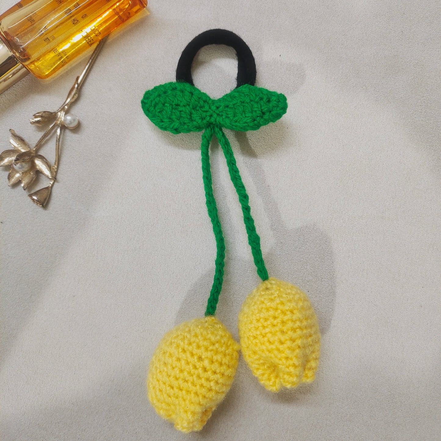 Handmade Crochet Flower, Butterfly Hair Tie for Women & Girls Soft Knitted Elastic Ponytail Holder Cute Floral Hair Band with Tassel Stylish Handmade Hair Accessory for Daily Wear Yellow Tulip