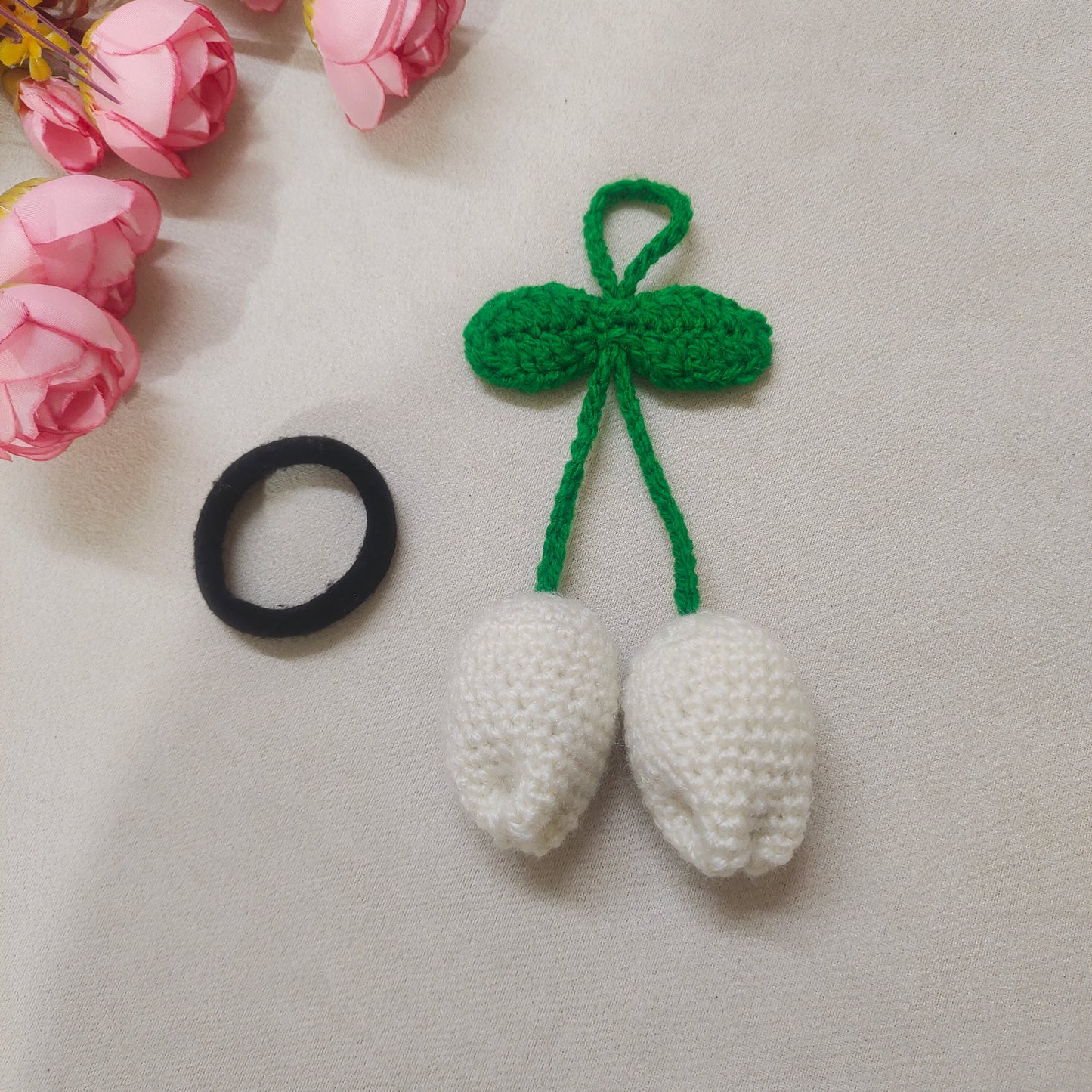 Handmade Crochet Flower, Butterfly Hair Tie for Women & Girls Soft Knitted Elastic Ponytail Holder Cute Floral Hair Band with Tassel Stylish Handmade Hair Accessory for Daily Wear White Tulip