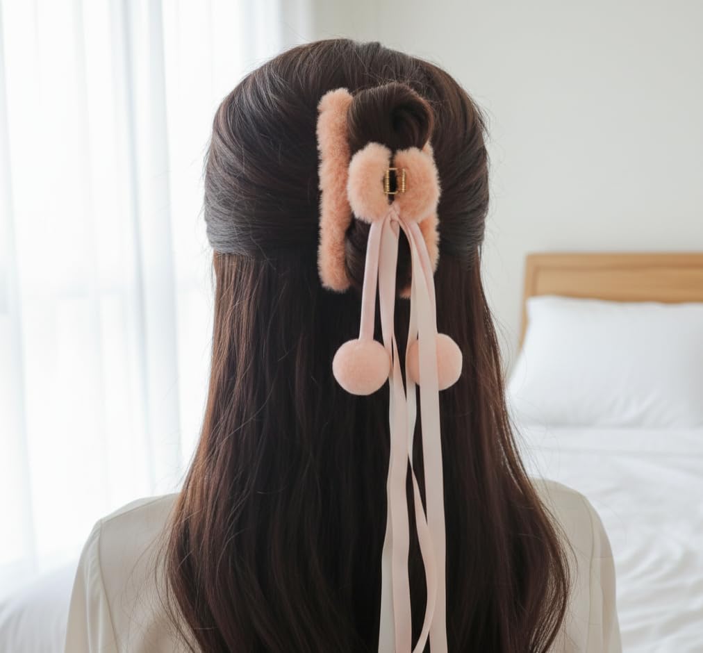 Cute Fluffy Hair Claw Clip with Ribbon Tassels & Pom Poms – Soft Fur Hair Clutcher for Women & Girls – Strong Hold Non-Slip Hair Clip for Ponytail, Bun, Half Up Hairstyle, Pack of 1