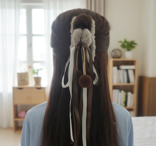 Cute Fluffy Hair Claw Clip with Ribbon Tassels & Pom Poms – Soft Fur Hair Clutcher for Women & Girls – Strong Hold Non-Slip Hair Clip for Ponytail, Bun, Half Up Hairstyle, Pack of 1