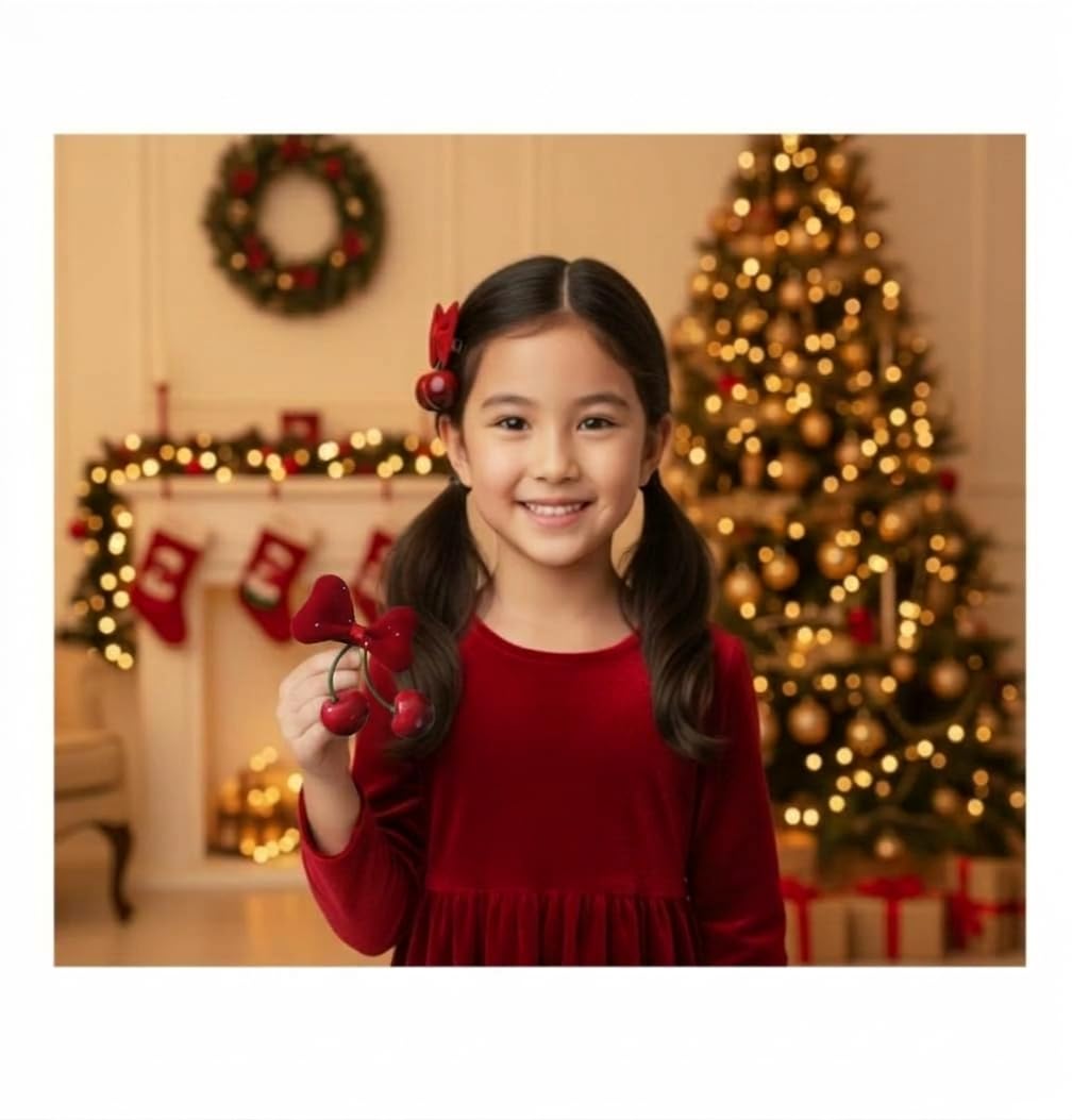 Sweet Cherry Hair Clip With Red Bow , Decorative Hair Clips for Special Occasions, Christmas Hair Clip For Babies And Kids