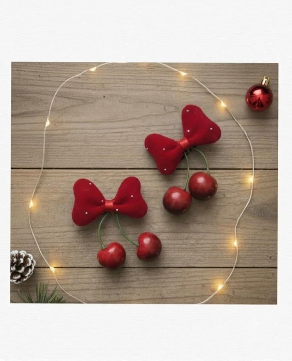 Sweet Cherry Hair Clip With Red Bow , Decorative Hair Clips for Special Occasions, Christmas Hair Clip For Babies And Kids