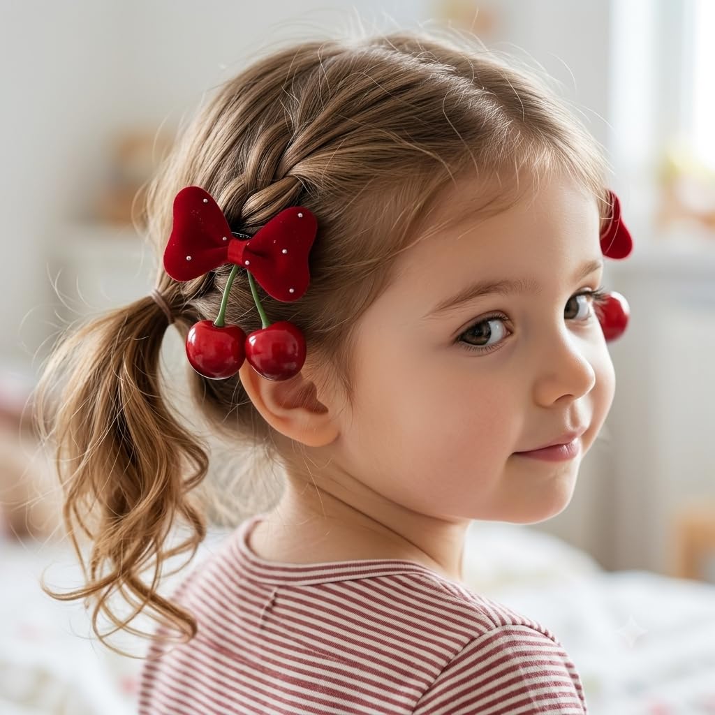 Sweet Cherry Hair Clip With Red Bow , Decorative Hair Clips for Special Occasions, Christmas Hair Clip For Babies And Kids