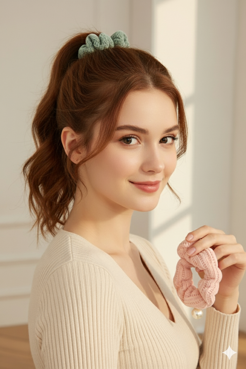 combo of Handmade knitted hair surunchies/crochet hair scrunchies with pearl, ponytail holder, rubberband, elastic band