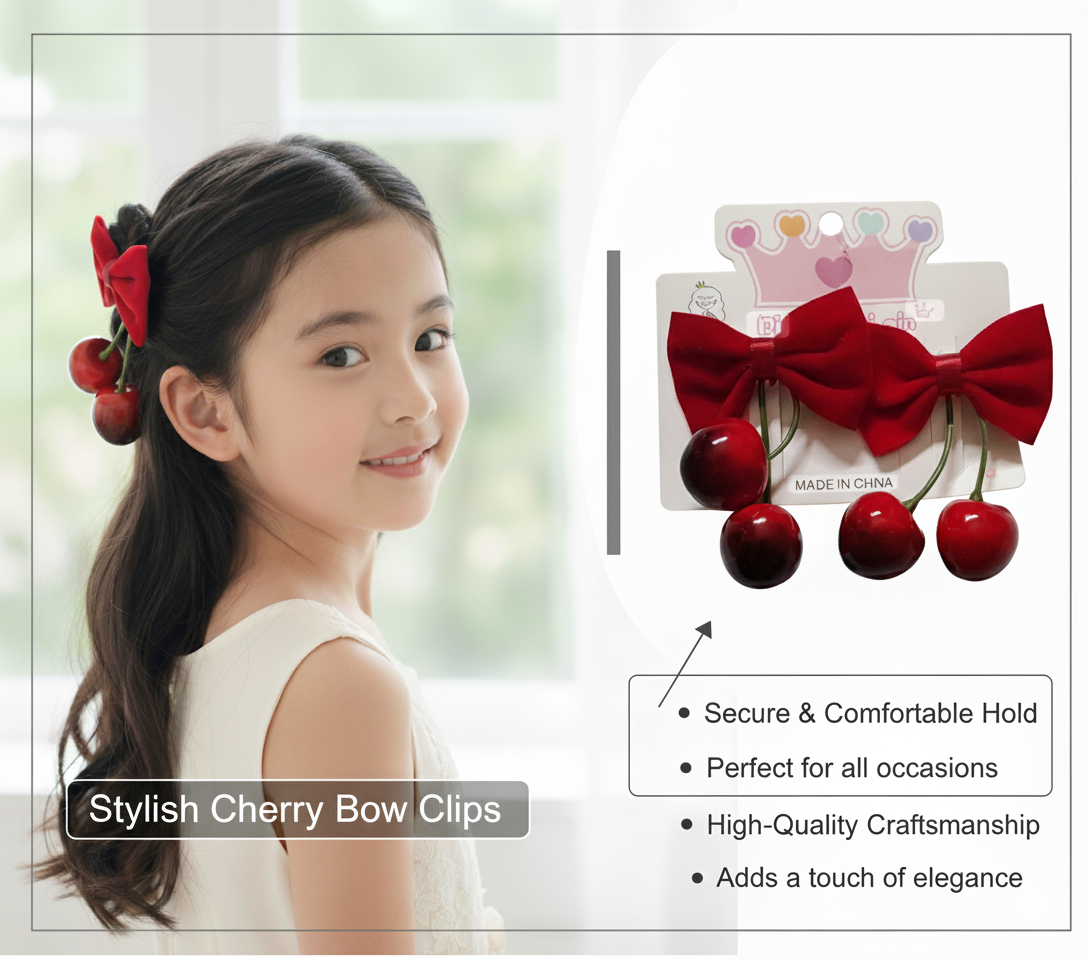 Sweet Cherry Hair Clip With Red Bow , Decorative Hair Clips for Special Occasions, Christmas Hair Clip For Babies And Kids
