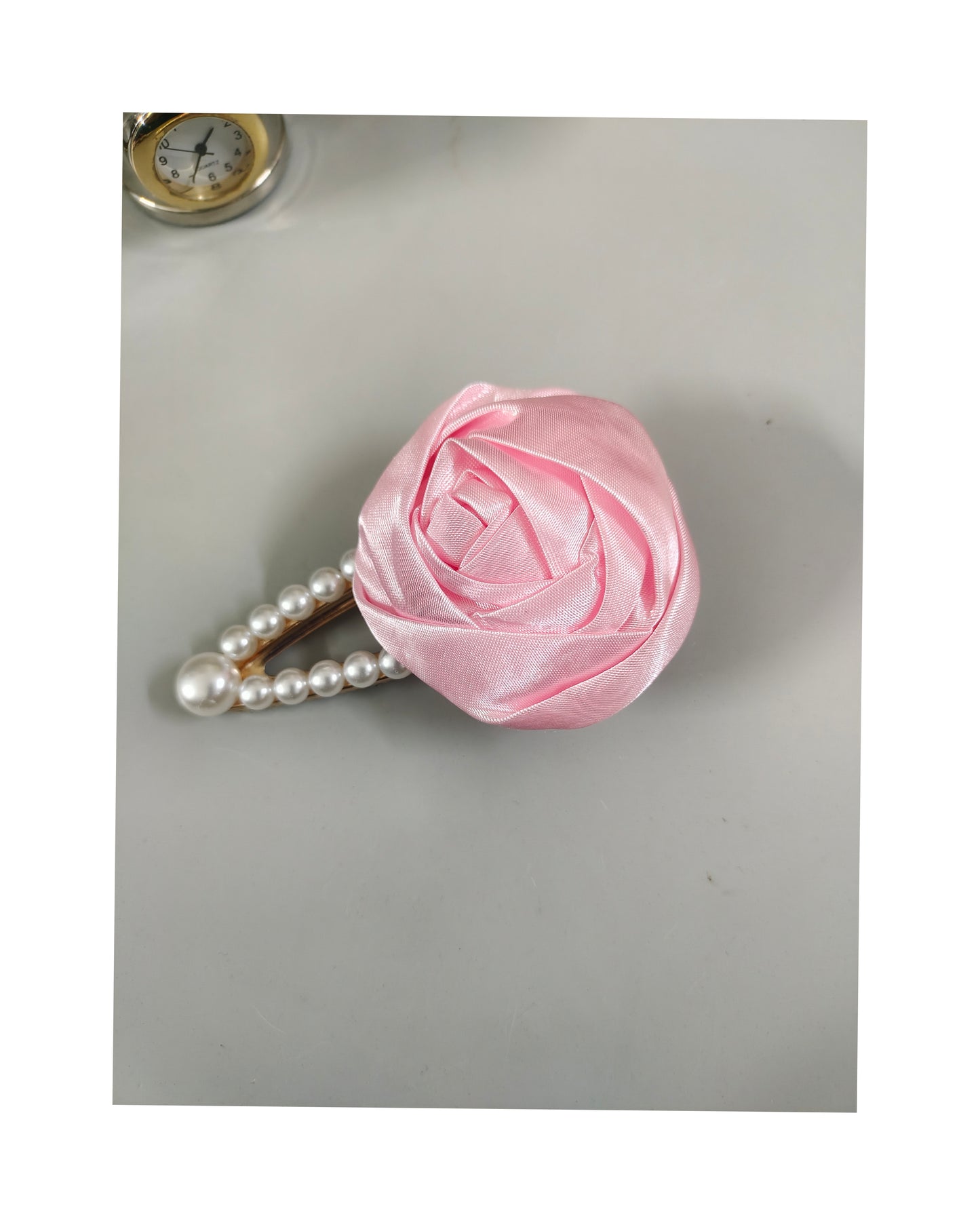Satin Rose Flower Hair Clip with Pearl Beaded Design, Strong Hold Alligator Clip, Pack of 1 (Baby Pink)