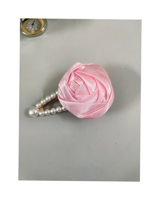 Satin Rose Flower Hair Clip with Pearl Beaded Design, Strong Hold Alligator Clip, Pack of 1 (Baby Pink)