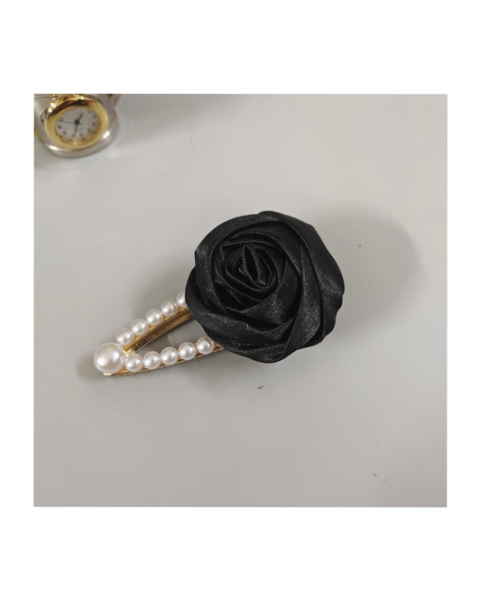 Satin Rose Flower Hair Clip with Pearl Beaded Design, Strong Hold Alligator Clip, Pack of 1, Black