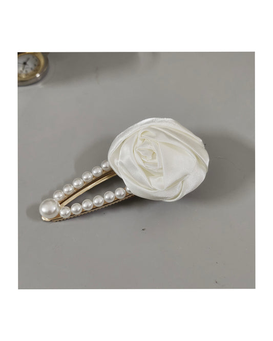Satin Rose Flower Hair Clip with Pearl Beaded Design, Strong Hold Alligator Clip, Pack of 1, Off White