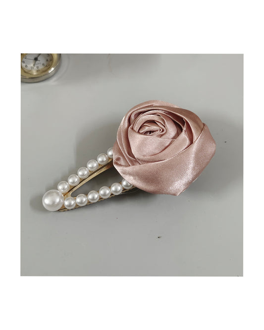 Satin Rose Flower Hair Clip with Pearl Beaded Design, Strong Hold Alligator Clip, Pack of 1, Beige