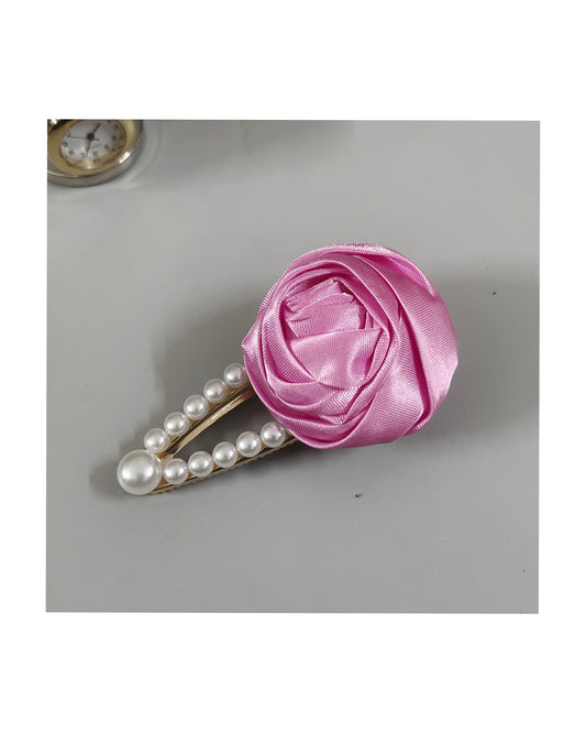 Satin Rose Flower Hair Clip with Pearl Beaded Design, Strong Hold Alligator Clip, Pack of 1, Pink