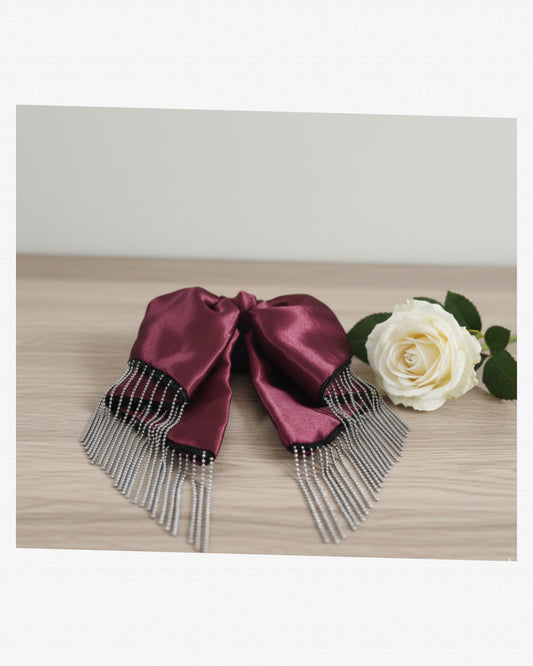 Elegant Satin Hair Bow Clutche, Claw Clip with Silver Crystal Fringe Tassels, Formal Hair Accessory For Girls And women