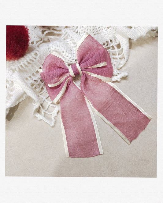 Sheer Sparkle Hair Bow Clip - Elegant Long Tail Ribbon Barrette for Women