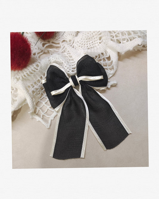 Sheer Sparkle Hair Bow Clip - Elegant Long Tail Ribbon Barrette for Women