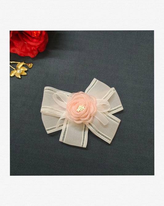 Handmade Organza Hair Bow Clip for Girls – 13 cm Floral Bow with Secure Alligator Clip, Elegant Hair Accessory for Kids, Toddlers & Special Occasions (Peach)