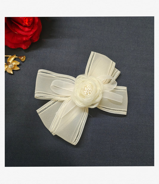 Handmade Organza Hair Bow Clip for Girls – 13 cm Floral Bow with Secure Alligator Clip, Elegant Hair Accessory for Kids, Toddlers & Special Occasions (Off White)