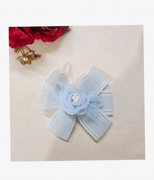 Handmade Organza Hair Bow Clip for Girls – 13 cm Floral Bow with Secure Alligator Clip, Elegant Hair Accessory for Kids, Toddlers & Special Occasions (Sky Blue)