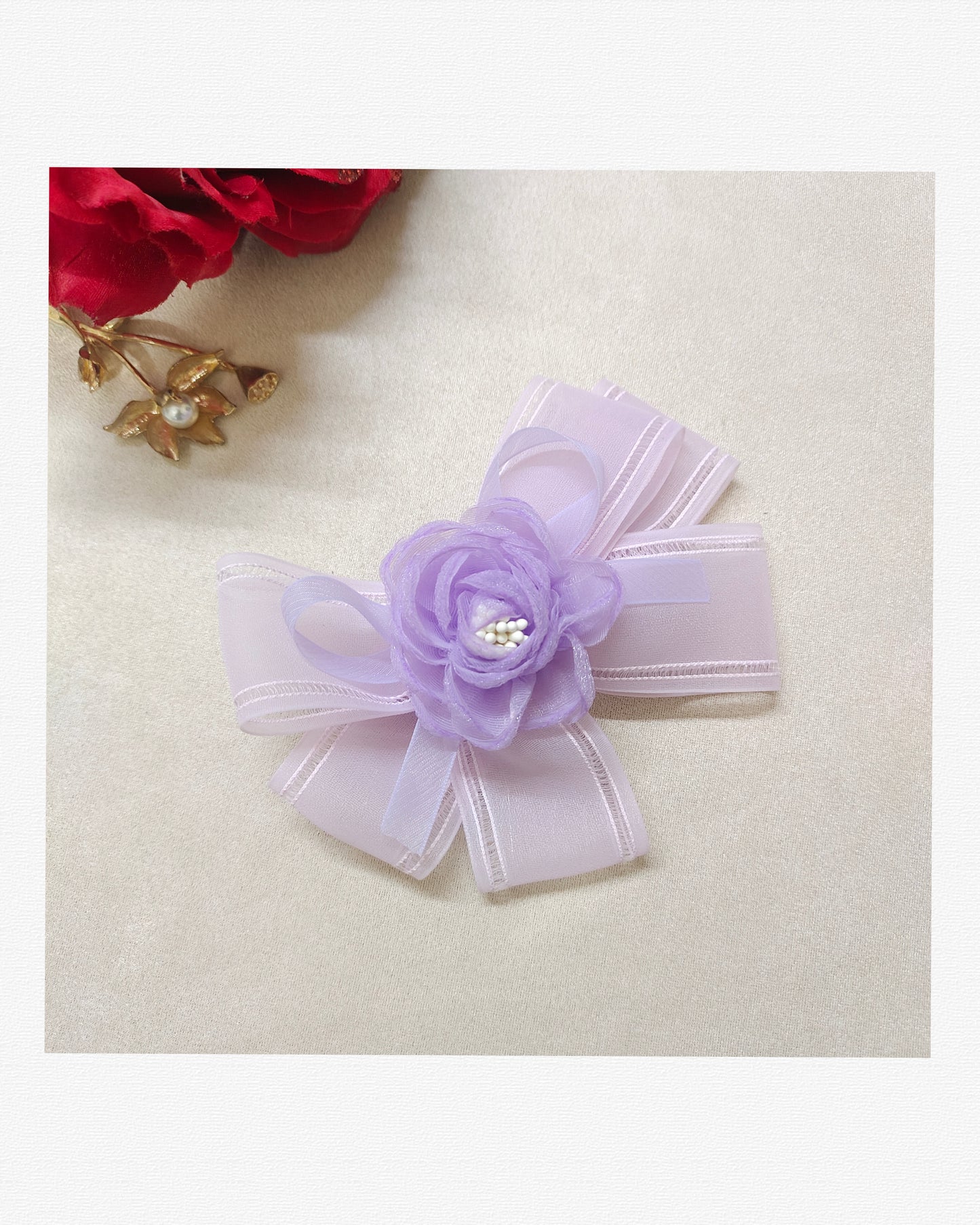 Handmade Organza Hair Bow Clip for Girls – 13 cm Floral Bow with Secure Alligator Clip, Elegant Hair Accessory for Kids, Toddlers & Special Occasions (Purple)