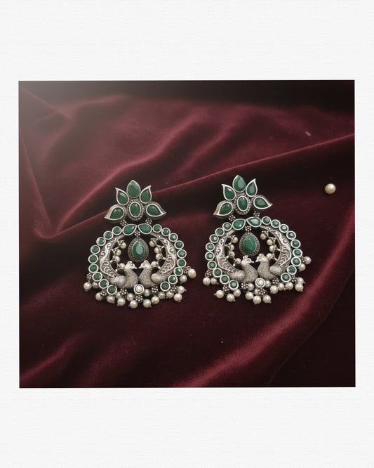 silver replica, German silver Brass Chand bali Peacock earrings for Women and girls Green