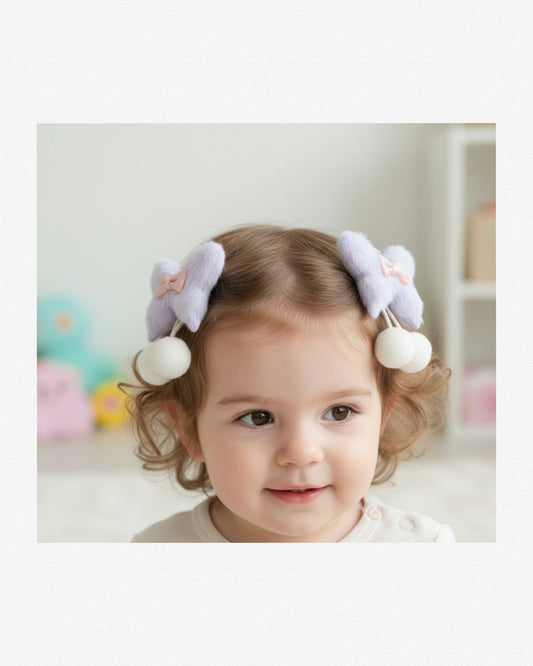 Faux Fur Hair Clips for Girls, 2 Pcs Plush Hair Accessories Set with Pom Poms and Satin Bows, Cute Pastel No-Slip Ribbon Wrapped Alligator Clips for Toddlers, Kids, and Babies