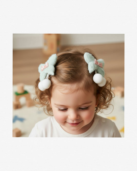 Faux Fur Hair Clips for Girls, 2 Pcs Plush Hair Accessories Set with Pom Poms and Satin Bows, Cute Pastel No-Slip Ribbon Wrapped Alligator Clips for Toddlers, Kids, and Babies