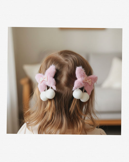 Faux Fur Hair Clips for Girls, 2 Pcs Plush Hair Accessories Set with Pom Poms and Satin Bows, Cute Pastel No-Slip Ribbon Wrapped Alligator Clips for Toddlers, Kids, and Babies