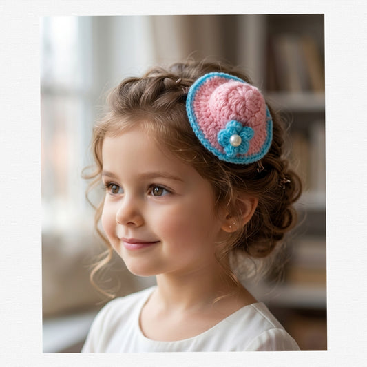 Handmade Crochet Mini Hat, Fascinator Hair Clip,Cute Woolen Knitted Hair Clip with Pearl Flower Bow for Girls and kids