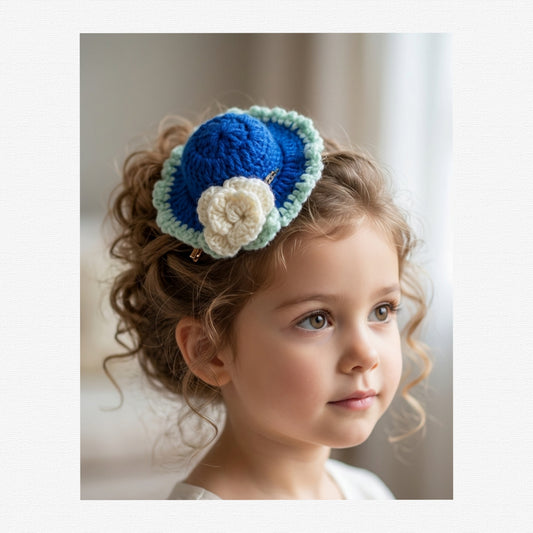 Handmade Crochet Mini Hat, Fascinator Hair Clip,Cute Woolen Knitted Hair Clip with Pearl Flower Bow for Girls and kids