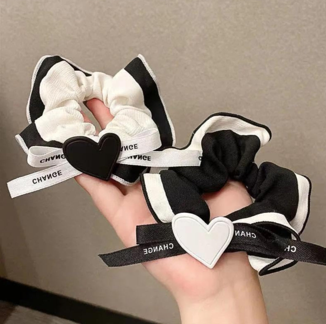 Heart Charm Bow Scrunchies Rubberband hair tie band ponytail holder for girls woman pack of 2,
