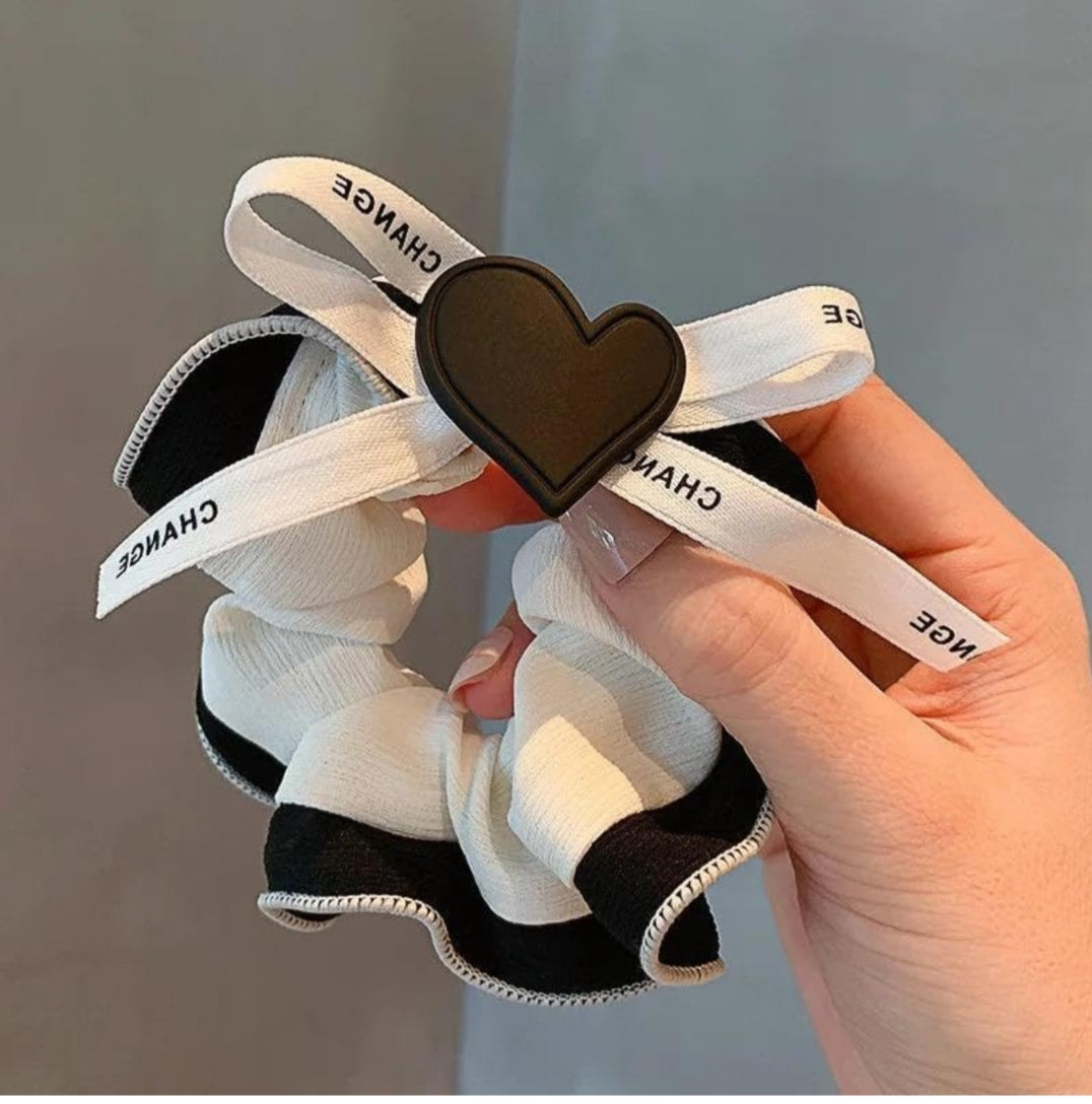 Heart Charm Bow Scrunchies Rubberband hair tie band ponytail holder for girls woman pack of 2,