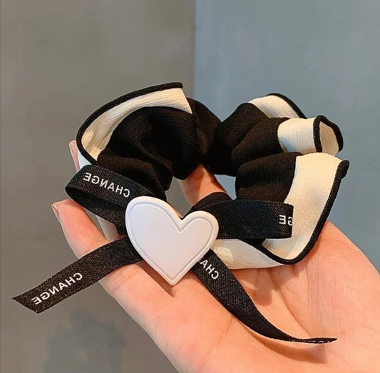 Heart Charm Bow Scrunchies Rubberband hair tie band ponytail holder for girls woman pack of 2,