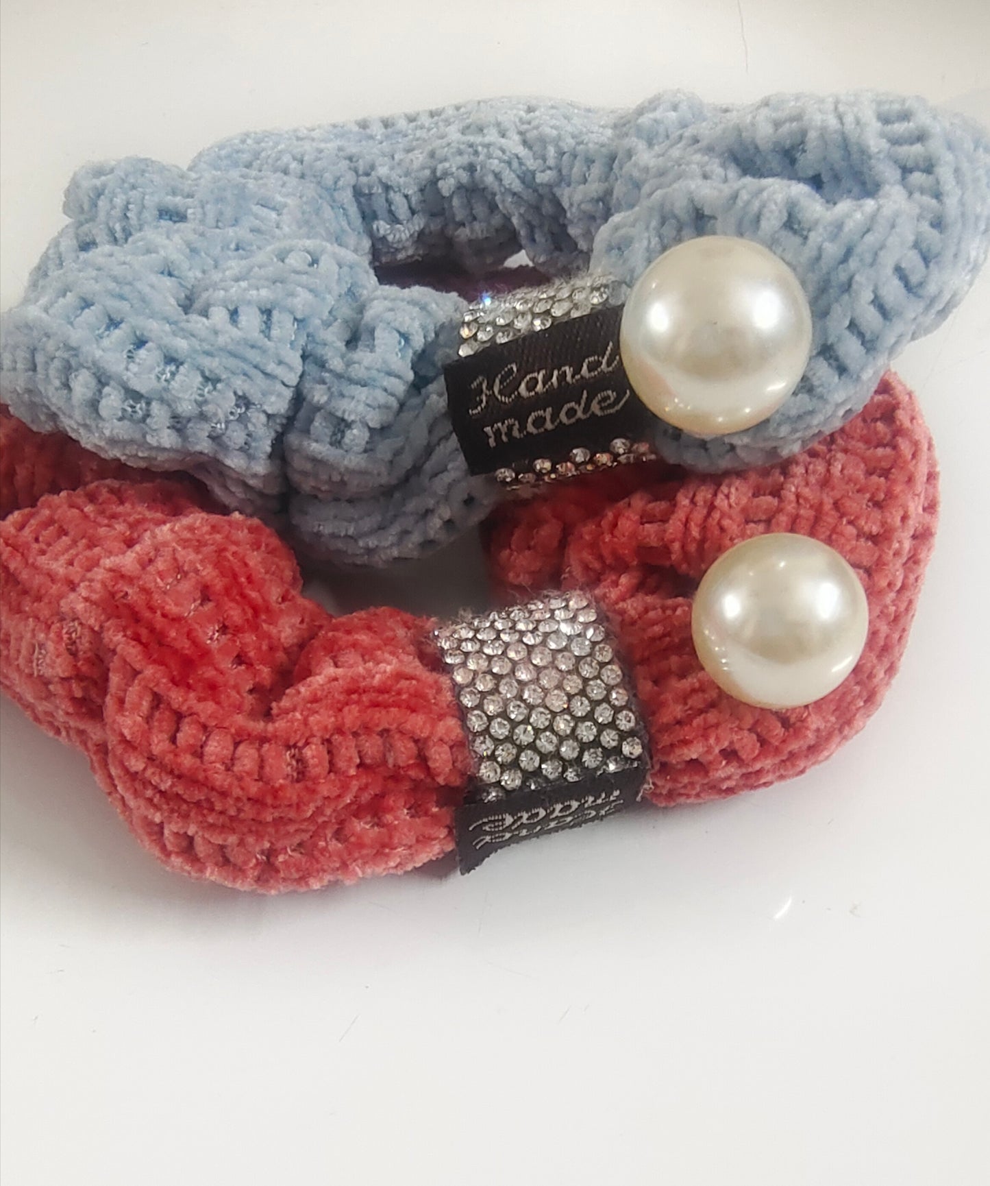 combo of Handmade knitted hair surunchies/crochet hair scrunchies with pearl, ponytail holder, rubberband, elastic band
