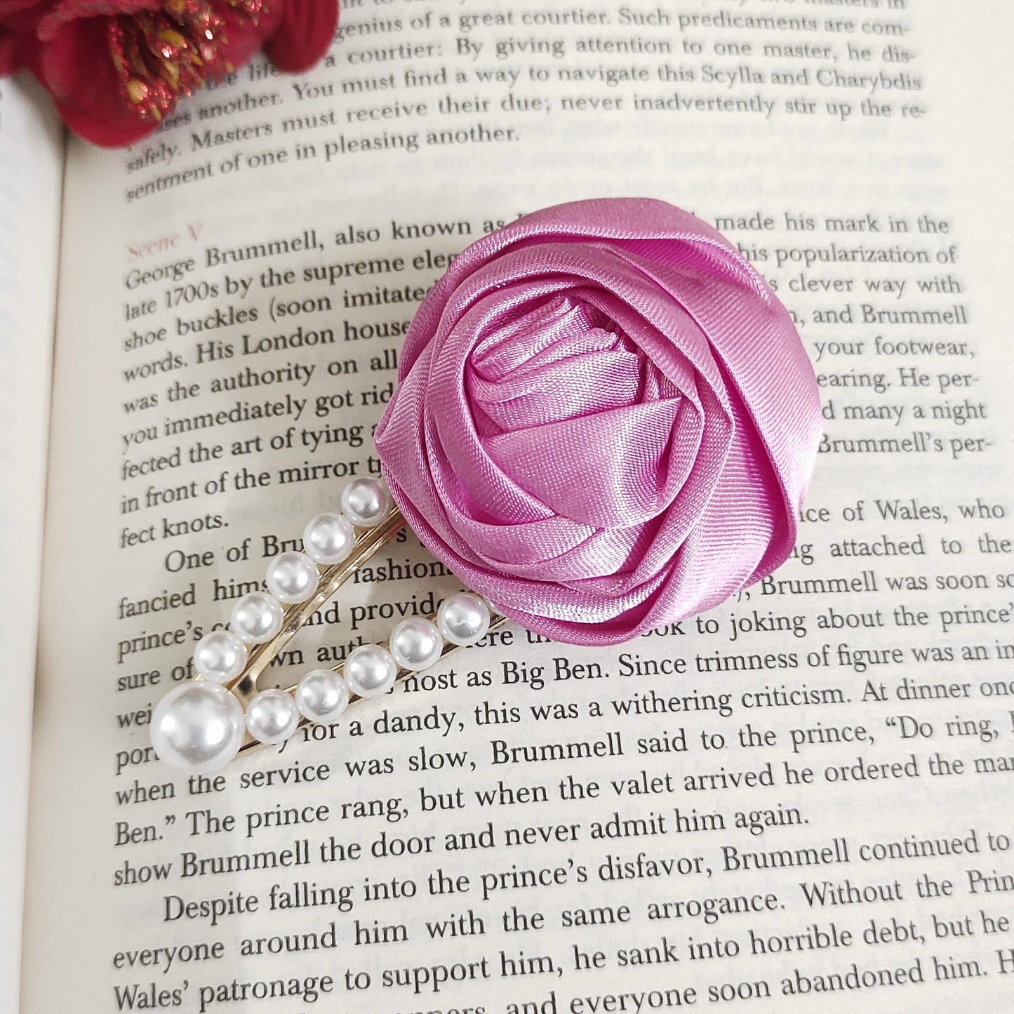 Satin Rose Flower Hair Clip with Pearl Beaded Design, Strong Hold Alligator Clip, Pack of 1, Pink
