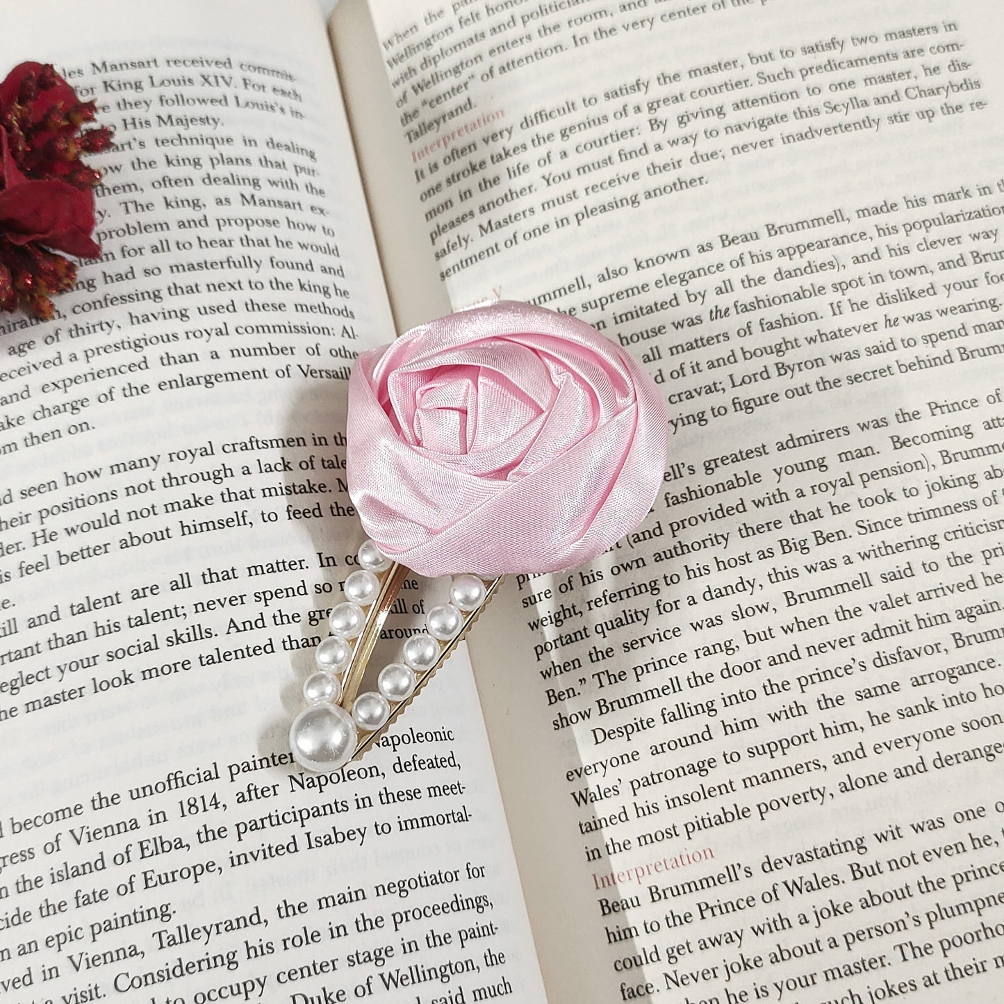 Satin Rose Flower Hair Clip with Pearl Beaded Design, Strong Hold Alligator Clip, Pack of 1 (Baby Pink)