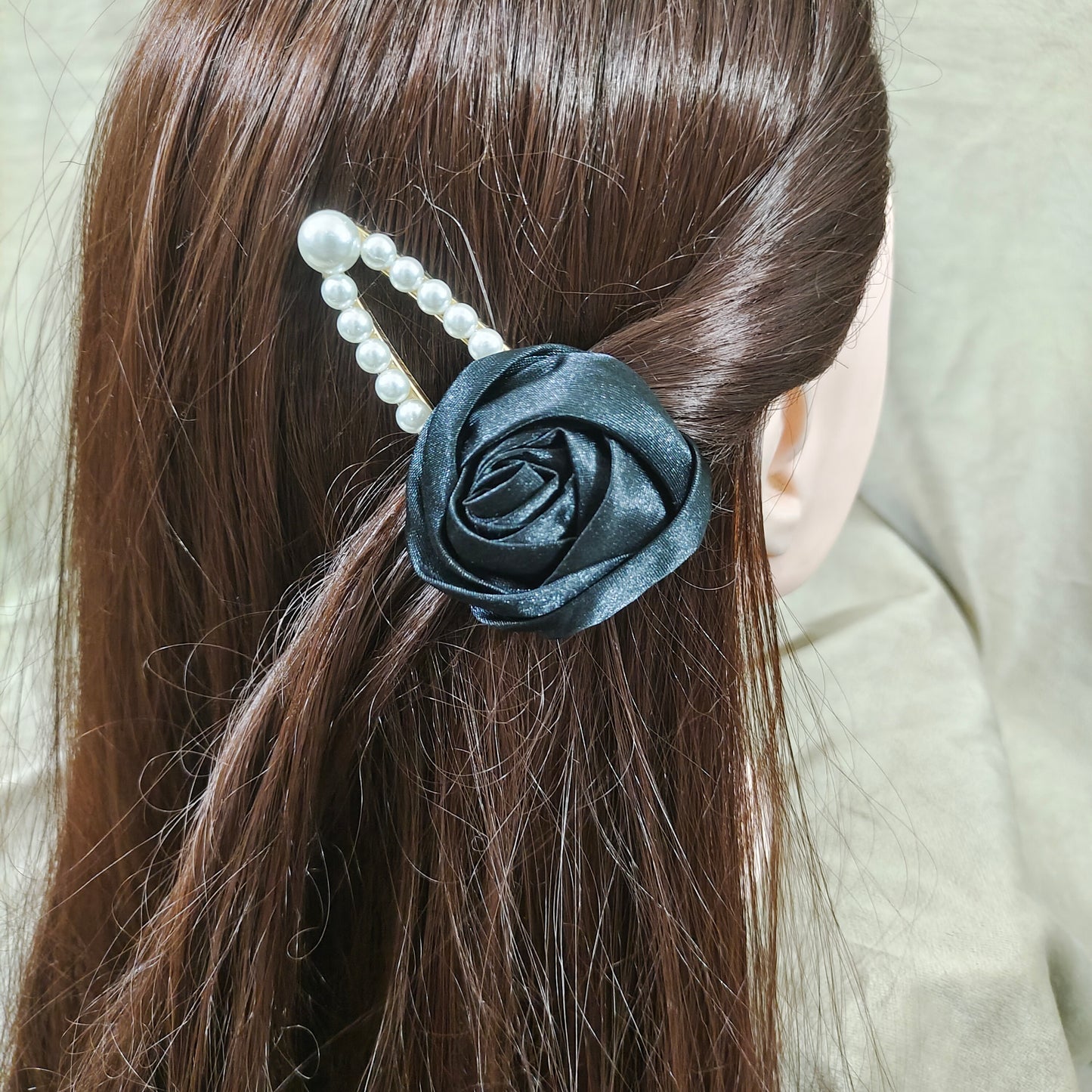 Satin Rose Flower Hair Clip with Pearl Beaded Design, Strong Hold Alligator Clip, Pack of 1, Black