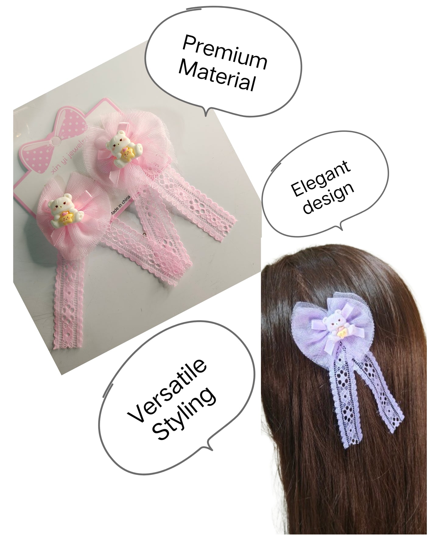 Baby Girl Hair Clips with Teddy Bear Design, Small Alligator Clip Lace Bow Barrettes, Tulle Fabric, Hair Accessories