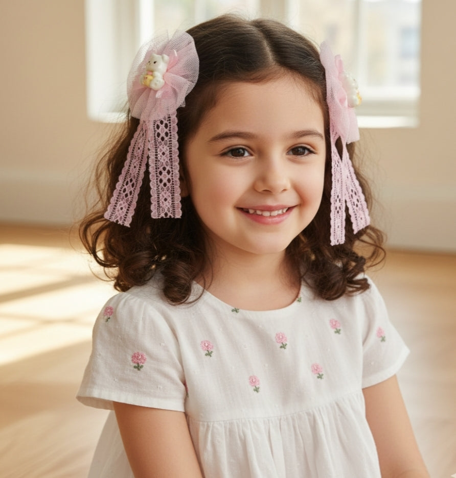 Baby Girl Hair Clips with Teddy Bear Design, Small Alligator Clip Lace Bow Barrettes, Tulle Fabric, Hair Accessories