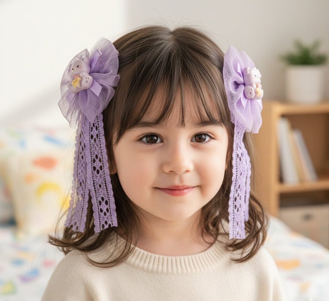 Baby Girl Hair Clips with Teddy Bear Design, Small Alligator Clip Lace Bow Barrettes, Tulle Fabric, Hair Accessories