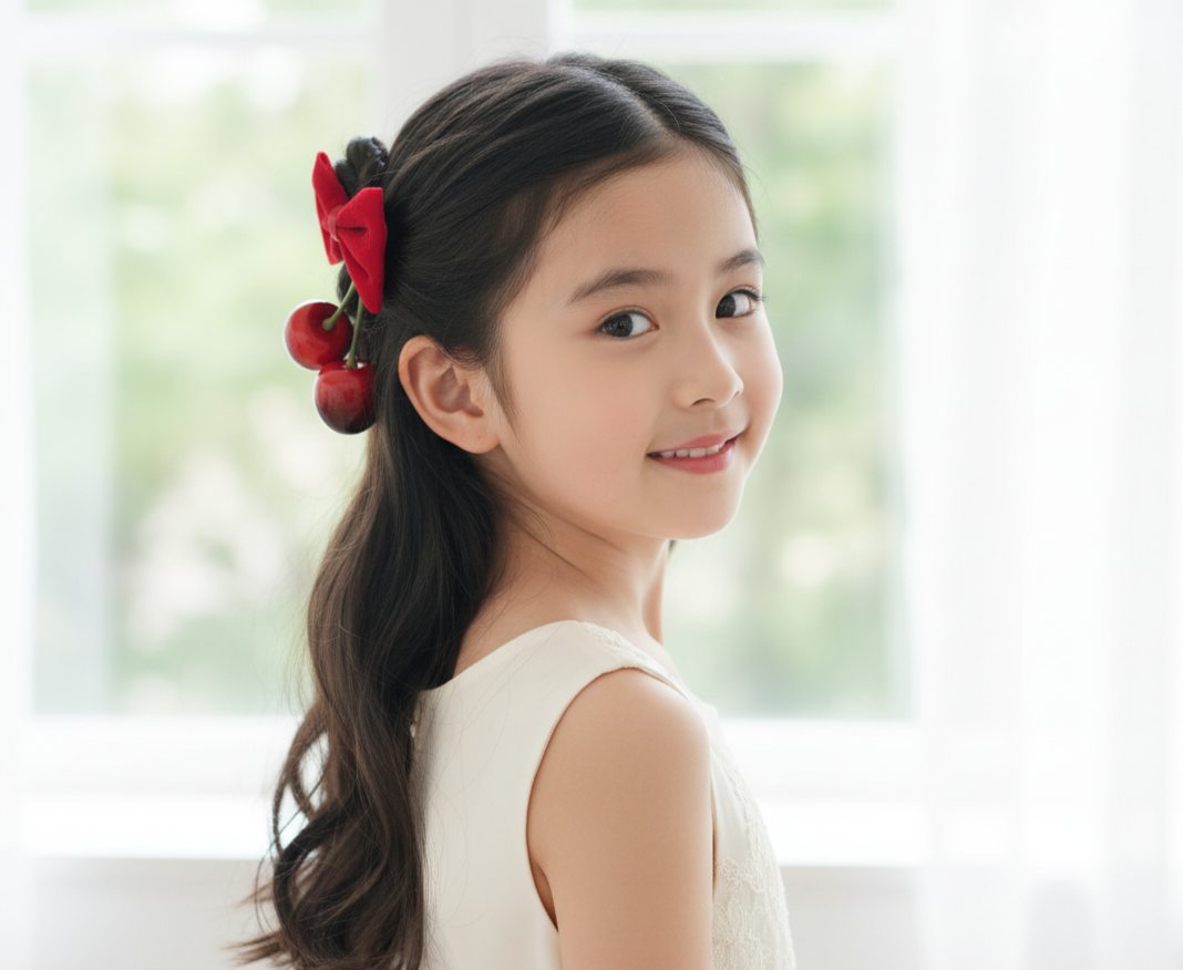 Sweet Cherry Hair Clip With Red Bow , Decorative Hair Clips for Special Occasions, Christmas Hair Clip For Babies And Kids