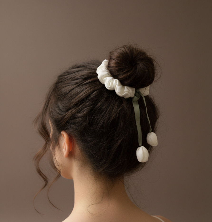 Tulip Hair Scrunchies with Floral Design Attachable Bowknot Ponytail Holder, Rubberband, Satin Fabric, Black and White, Pack of 2