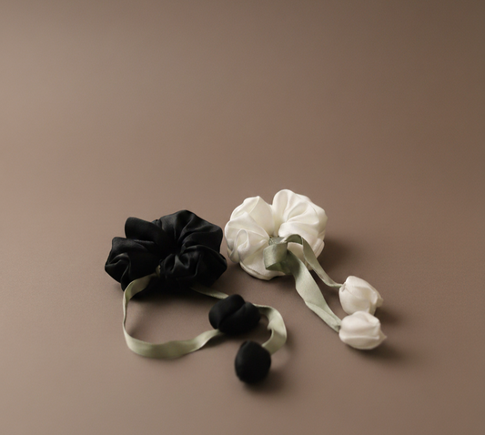 Tulip Hair Scrunchies with Floral Design Attachable Bowknot Ponytail Holder, Rubberband, Satin Fabric, Black and White, Pack of 2