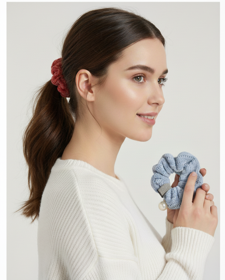 combo of Handmade knitted hair surunchies/crochet hair scrunchies with pearl, ponytail holder, rubberband, elastic band